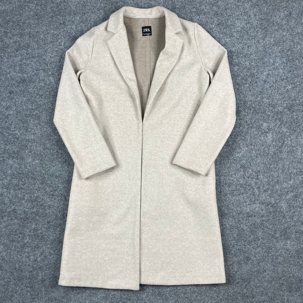 ZARA Coat Womens Size S Beige Long Wool Blend Open Front Minimalist‎